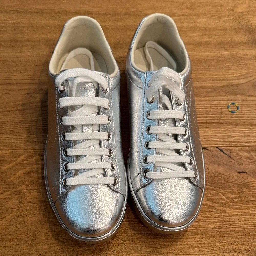 Gucci Metallic Silver Leather Sneakers BRAND NEW size 36+ - Picture 4 of 10
